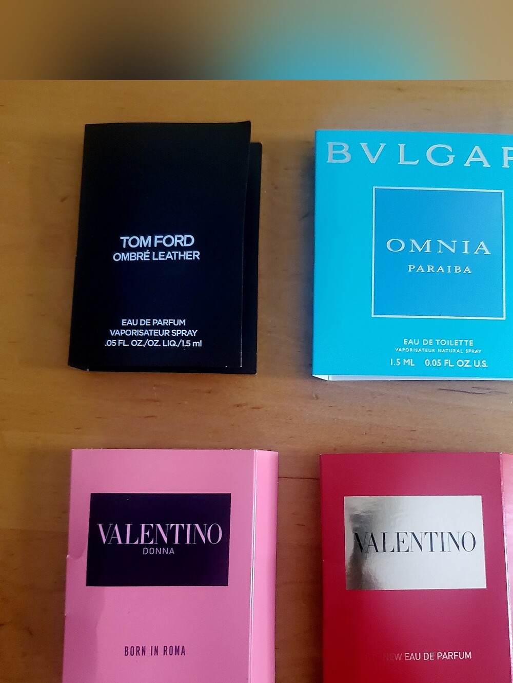 4 of carded designer perfume sample, Tom ford, Valentino Bvlgari